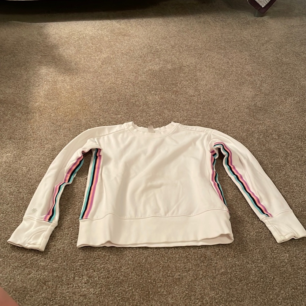 White sweatshirt (Athleta Girl size L) for girl.